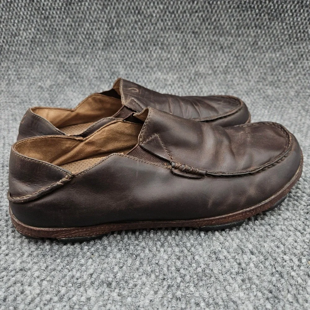 OluKai (Men's 12) Brown Moloa Leather Loafers Slip On Moccasin Shoes Comfort